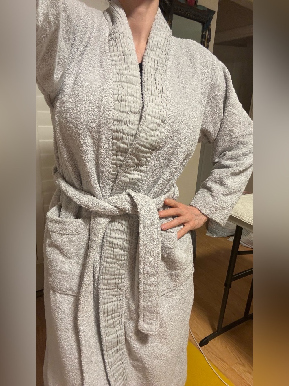 Plush Light Blue Bathrobe with Textured Waistband Belt S
